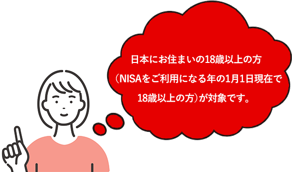 日本にお住まいの18歳以上の方（NISAをご利用になる年の1月1日現在で18歳以上の方）が対象です。